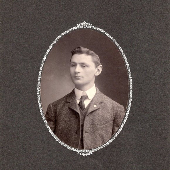 Vintage Photo Black And White Portrait Young Man Matted Studio Name - Picture 1 of 1